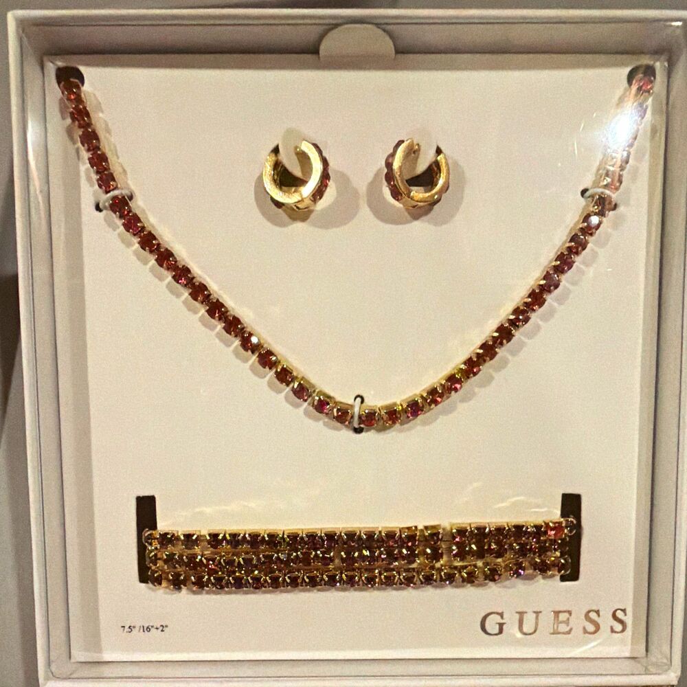 GUESS Gold Tone Purple Round Crystal Jewelry Set Necklace Bracelet Earrings NIB